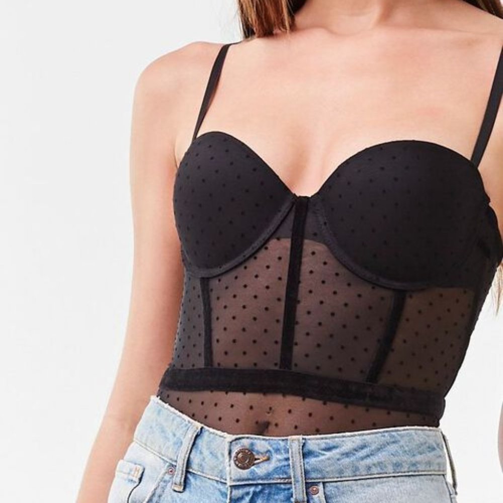 NWT Forever 21 Black Sheer Mesh Clip Dot Teddy Sz L